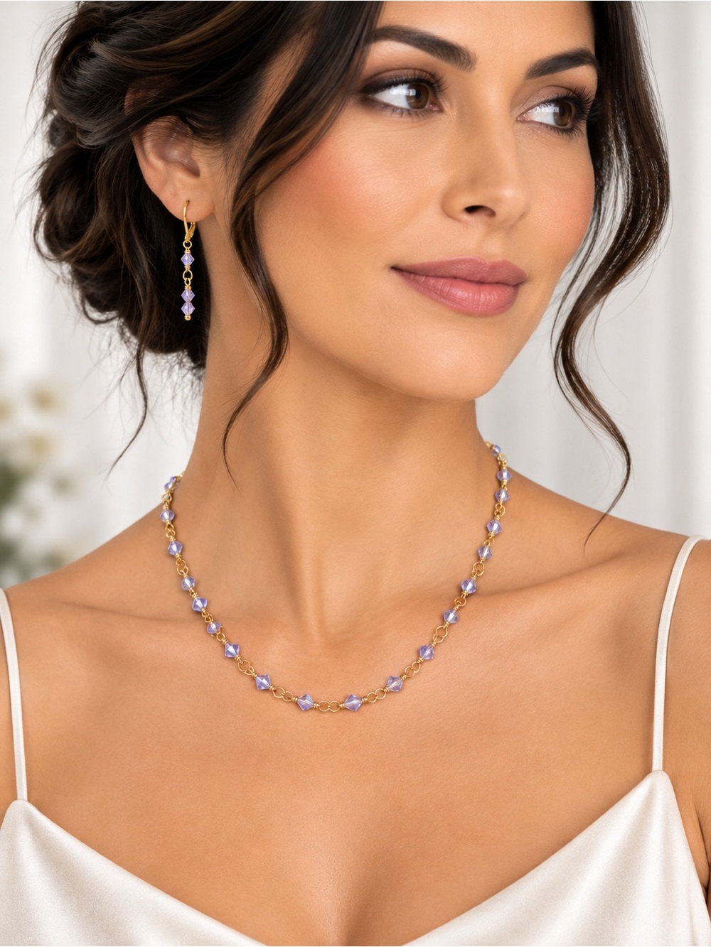 Swarovski Violet AB Crystal Necklace & Earrings Set Gold Tone